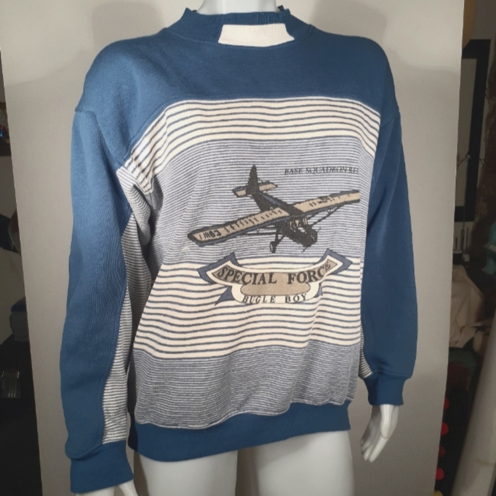 Vintage 90s Bugle Boy Blue Striped Special Forces Sweatshirt Size Large Men/Uni